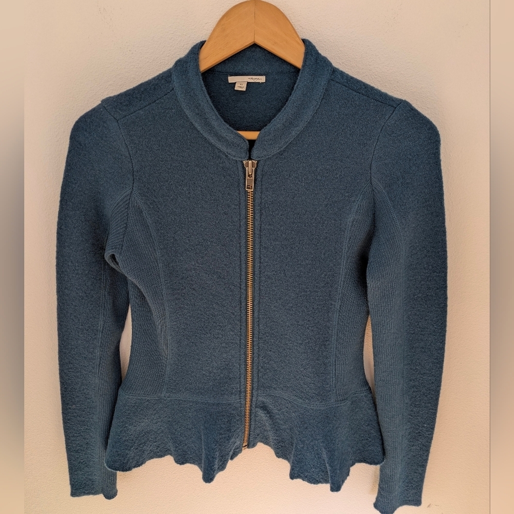 Halogen Nordstrom Women’s Petrol Peplum 100% Merino Wool Zip Up Jacket Sz XS EUC